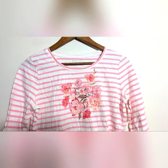 Talbots Pink & White Cotton Striped Floral Long Sleeve Tee Shirt MP - Picture 2 of 5
